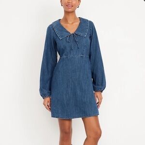 Old Navy Long-Sleeve Fit & Flare Collared Denim Jean Mini Dress S Petite
